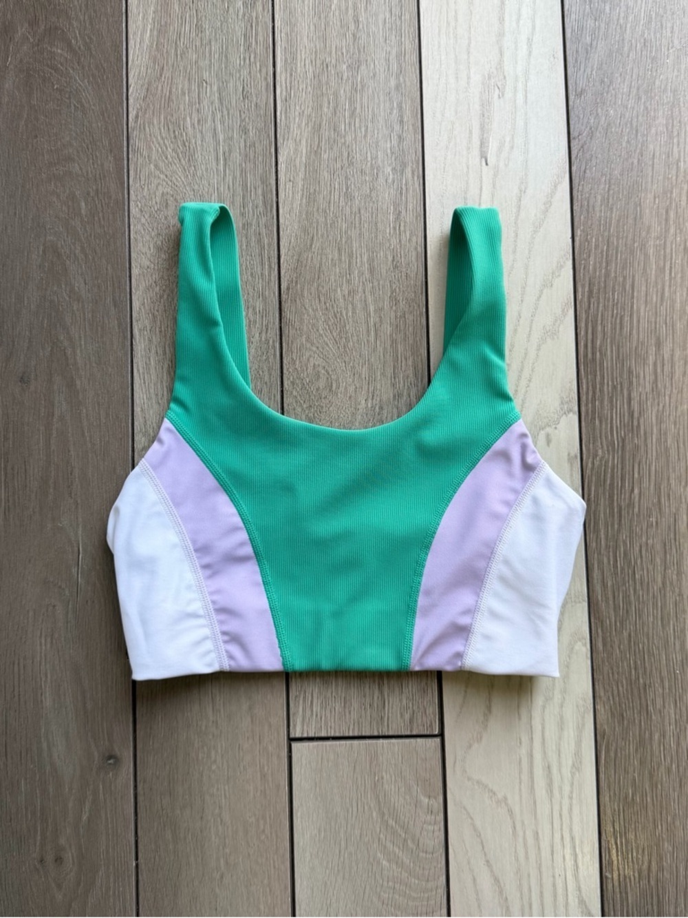 Colorblock Sports Bra in Mint, Lilac, and White